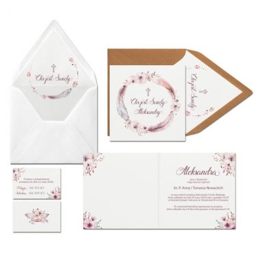 zaproszenia na chrzest lekkość personalizowane z imieniem dziecka motyw piórek Drukarnia Letica