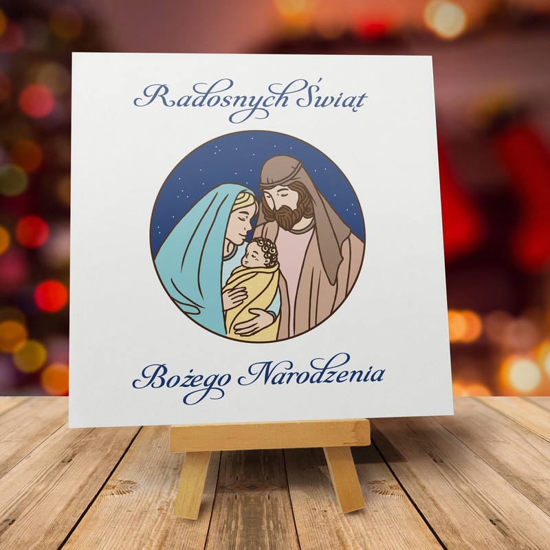 witrażyk Święta rodzina pobożne kartki bożonarodzeniowe z logo dla firm religijna kartka świąteczna firmowa z logo bożonarodzeniowe kartki firmowe z jezuskiem na święta drukarnia letica