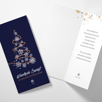 Życzenia wewnątrz kartki z logo dla firm ŚNIEŻNA CHOINKA