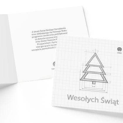 Firmowe kartki świąteczne ARCHITEKTONICZNA 14x14 – wnętrze z życzeniami, okładka: choinka jak rysunek techniczny
