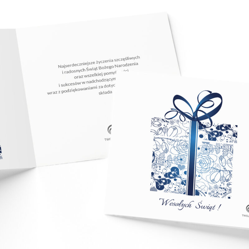 kartka nowoczesna z logo swiateczna niebieski prezent kwadrat okładka i Środek