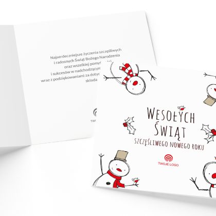 kartka zyczenia swiateczne dla firm z logo wesołe bałwanki kwadrat okładka i Środek