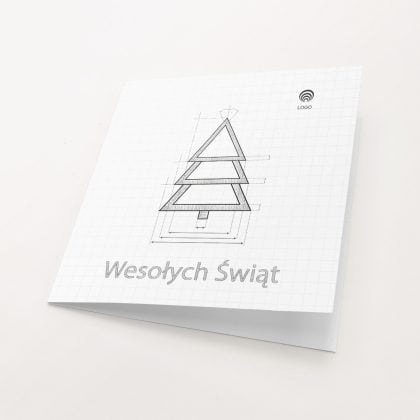 Kartka świąteczna dla firm ARCHITEKTONICZNA 14x14 – okładka: choinka jak rysunek techniczny, miejsce na logo