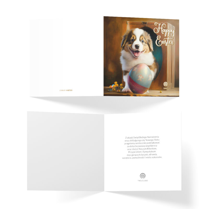 firmowe kartki wielkanaocne z radosnym motywem psa z pisanka