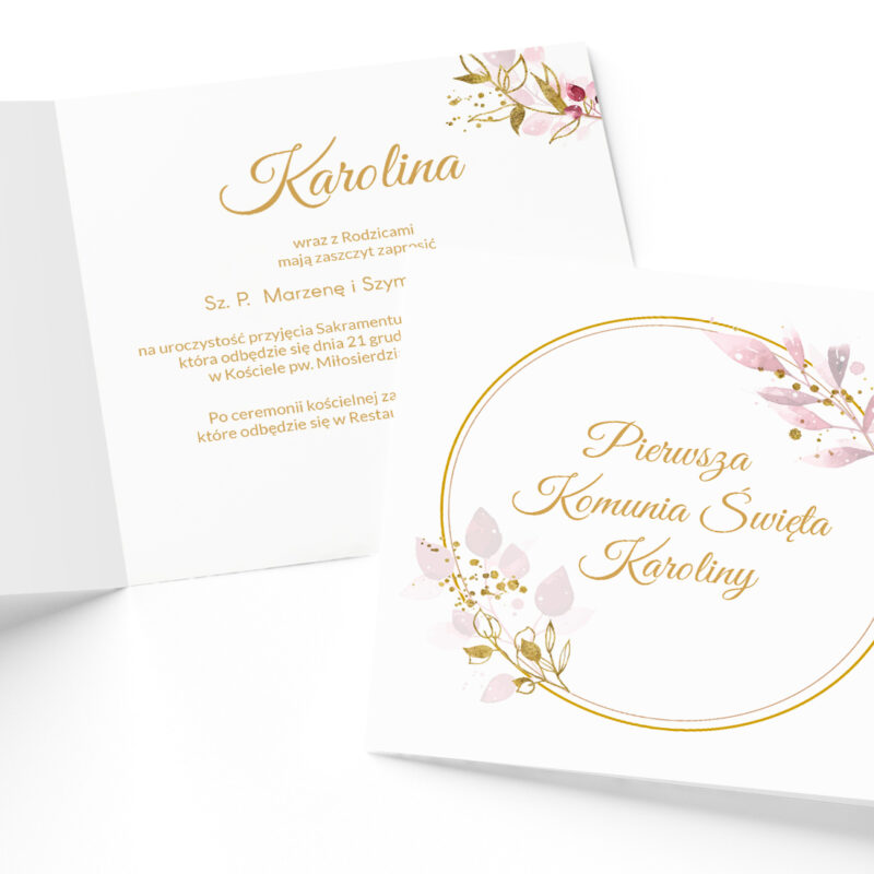 zaproszenia personalizowane na komunię Świętą pastelowe listki