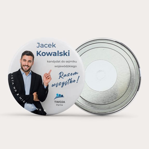 magnes wyborczy na lodówkę ze zdjęciem i sloganem
