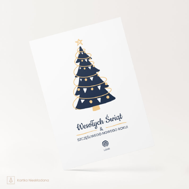 nieskładana świąteczna kartka z choinką juletre z logo firmy