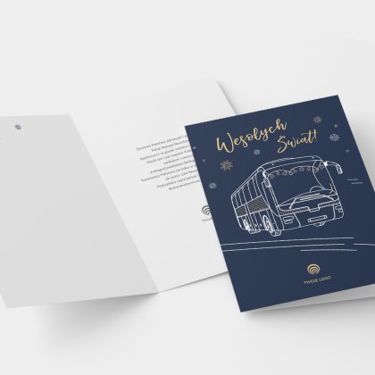 Firmowe kartki świąteczne ŚWIĄTECZNY AUTOBUS A6 – wnętrze z życzeniami, okładka: biały autobus na granatowym tle, śnieżynki