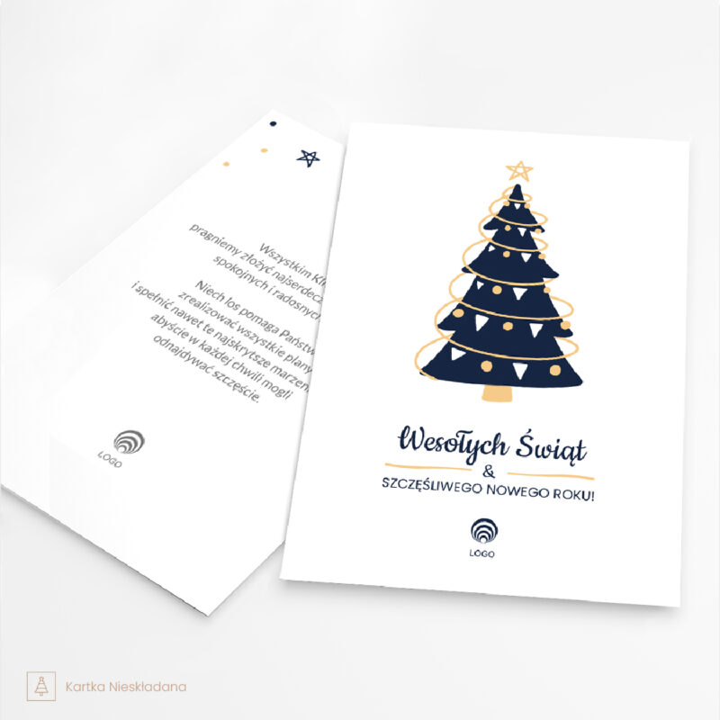 nieskładana świąteczna kartka z choinką juletre z logo firmy