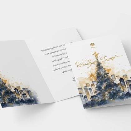 Życzenia wewnątrz kartki z logo dla firm MAGIA ŚWIĄT