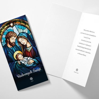 Firmowe kartki świąteczne SYN BOŻY DL – wnętrze z życzeniami, okładka: witrażowa scena Narodzenia, turkus i złoto