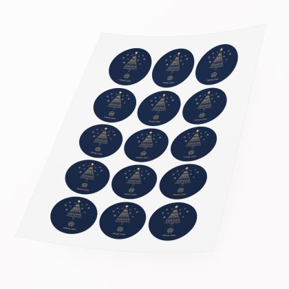 Arkusz z 12 naklejkami ZŁOTA JODEŁKA – świąteczne etykiety z miejscem na logo