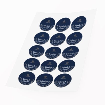 Arkusz 12 granatowych naklejek świątecznych z napisem Wesołych Świąt i personalizowanym logo.