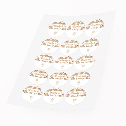 Arkusz 12 naklejek świątecznych z motywem prezentów i napisem Wesołych Świąt, personalizowanych logo.
