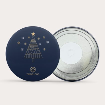 Magnes świąteczny Złota Jodełka z granatowym tłem, złotą choinką i miejscem na logo firmy – elegancki gadżet bożonarodzeniowy 56 mm
