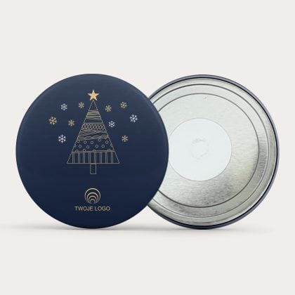 Magnes świąteczny Złota Jodełka z granatowym tłem, złotą choinką i miejscem na logo firmy – elegancki gadżet bożonarodzeniowy 56 mm