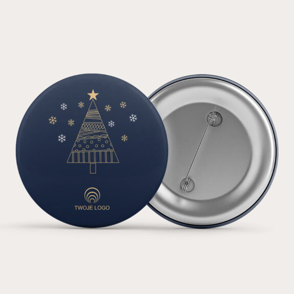 Przypinka świąteczna ZŁOTA JODEŁKA z granatowym tłem, złotą choinką i miejscem na logo firmy – elegancki, aluminiowy gadżet promocyjny 56 mm