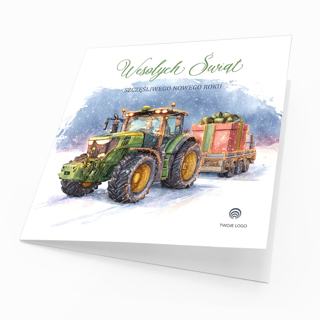 traktor z prezentami branżowa kartka świąteczne dla rolników