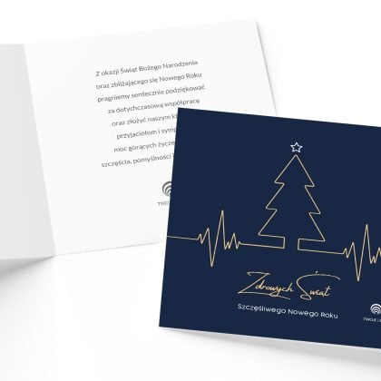 dla sektora medycznego kartka nowoczesna branżowa puls ŚwiĄt na granatowym tle złota grafika pulsu i choinki nowoczesny design