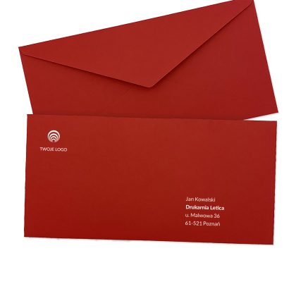 firmowa koperta w rozmiarze dl (prostokątna) czerwona premium z logo i adresem