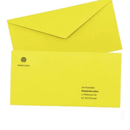 firmowe koperty ozdobne dl (prostokątna) w barwie żółtej z logo i nadrukiem adresu