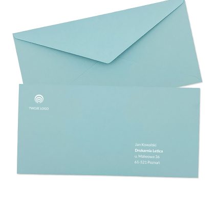 kolorowe koperty firmowe błękitna dl (prostokątna) z logo i adresem