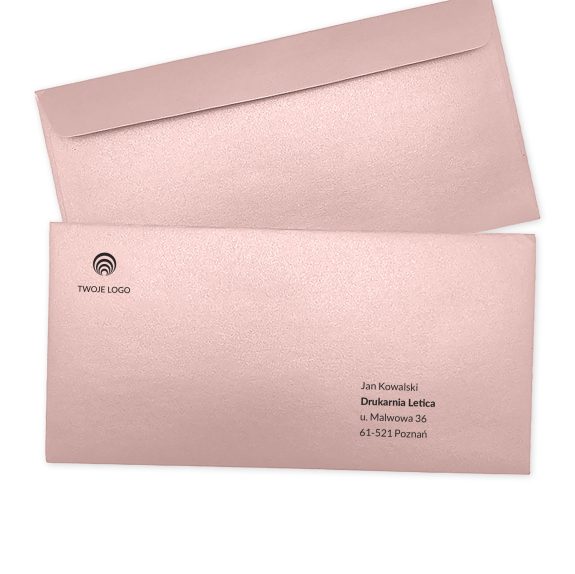 koperta ozdobna premium różowa perłowa dl (prostokątna) z logo i nadrukiem adresu