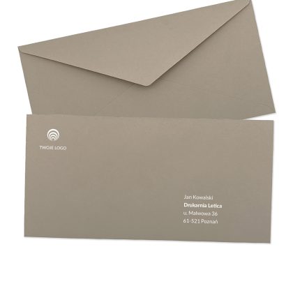 ozdobne koperty firmowe w rozmiarze dl (prostokątna) taupe z logo i adresem