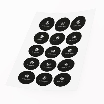 czarne nalepki z logo firmy okragle 5cm