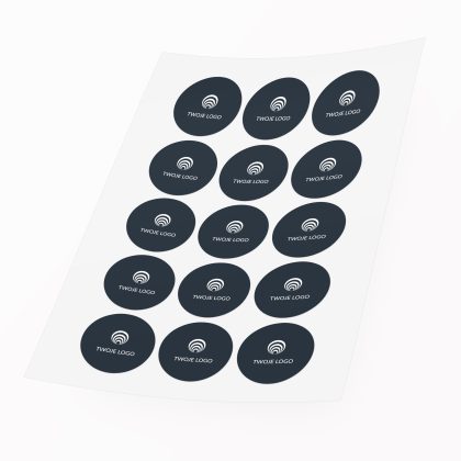 granatowe naklejki z logo firmy okrągłe 12 szt. 5 cm