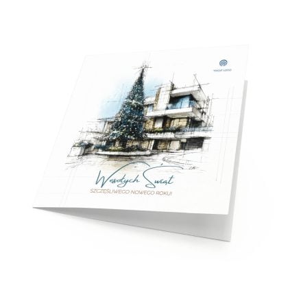 Okładka biznesowej kartki świątecznej Pracownia Architekta ze szkicem architektonicznym budynku i choinką przed nim.