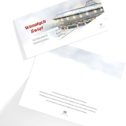 Wnętrze firmowej kartki bożonarodzeniowej Świąteczny Spodek z gotowym tekstem życzeń i miejscem na logo firmy.