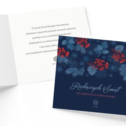 Wnętrze firmowej kartki bożonarodzeniowej Zmierzch w Zimowym Lesie z gotowym tekstem życzeń i miejscem na logo firmy.