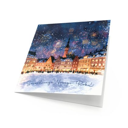 Okładka firmowej kartki noworocznej Sylwester na Starówce z akwarelową panoramą nocnego rynku staromiejskiego i fajerwerkami nad dachami.