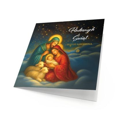 Okładka religijnej kartki świątecznej dla firm Nativitas ze Świętą Rodziną.
