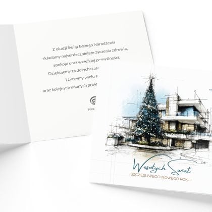 Wnętrze biznesowej kartki świątecznej Pracownia Architekta z gotowym tekstem życzeń i miejscem na logo firmy.