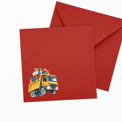 Firmowa koperta świąteczna kwadratowa K4 w kolorze czerwona z motywem WYWROTKA PREZENTÓW