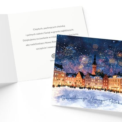Wnętrze firmowej kartki noworocznej Sylwester na Starówce z gotowym tekstem życzeń i miejscem na logo firmy.