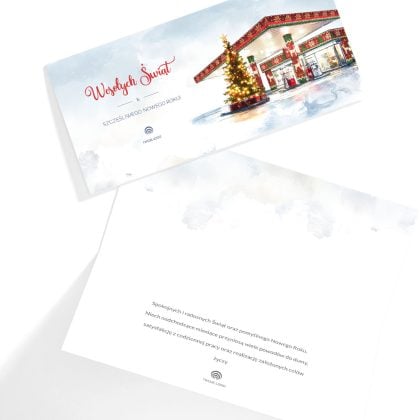 Wnętrze firmowej kartki świątecznej Benzina z gotowym tekstem życzeń i miejscem na logo firmy.