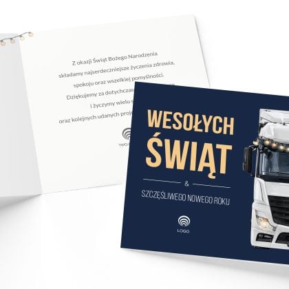 Wnętrze biznesowej kartki świątecznej Camion z gotowym tekstem życzeń i miejscem na logo firmy.