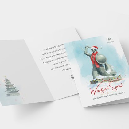 Wnętrze kartki świątecznej dla firm Warszawskie Święta z gotowym tekstem życzeń i miejscem na logo firmy.