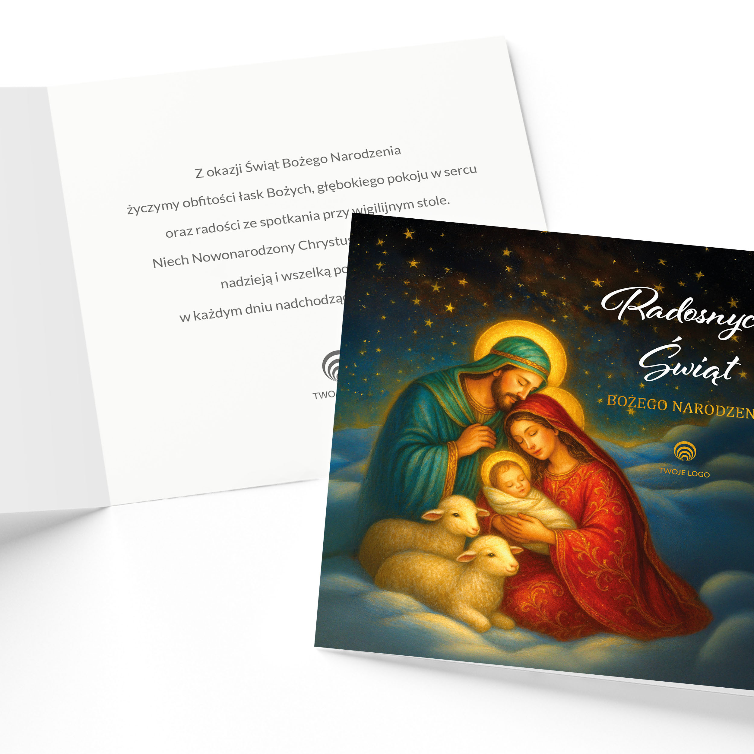Wnętrze religijnej kartki świątecznej dla firm Nativitas z gotowym tekstem życzeń i miejscem na logo firmy.