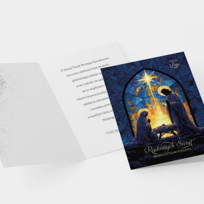 Wnętrze kartki GOTYCKIE OKNO z religijnymi życzeniami bożonarodzeniowymi i miejscem na logo firmy.